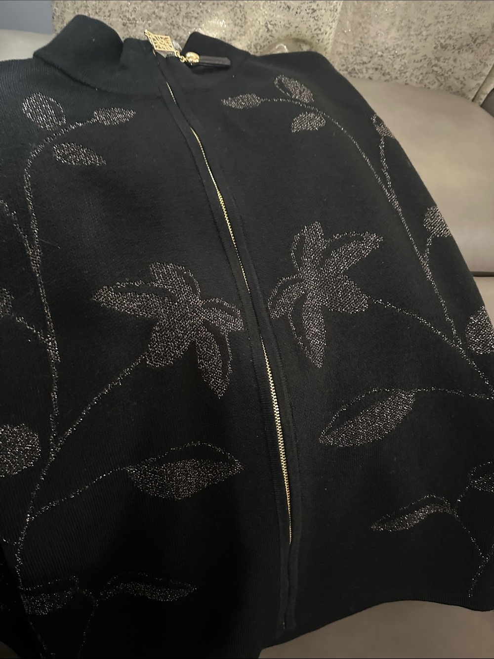 Anne Klein Black Zip-Front Sweater with Metallic Leaf Detail - Picture 3 of 5